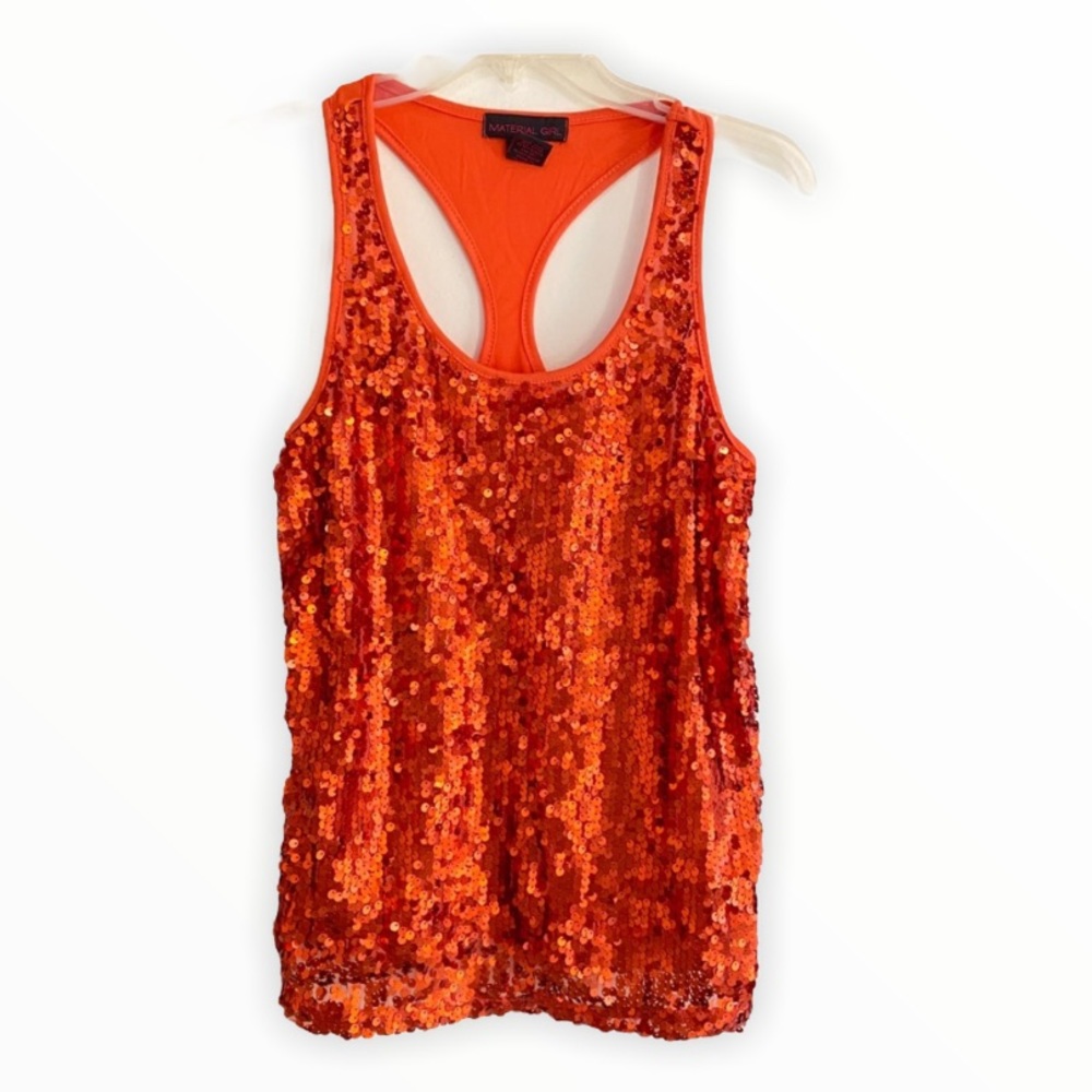 💝 MATERIAL GIRL Sequined Sparkling Orange Rust Racer Back Top Medium